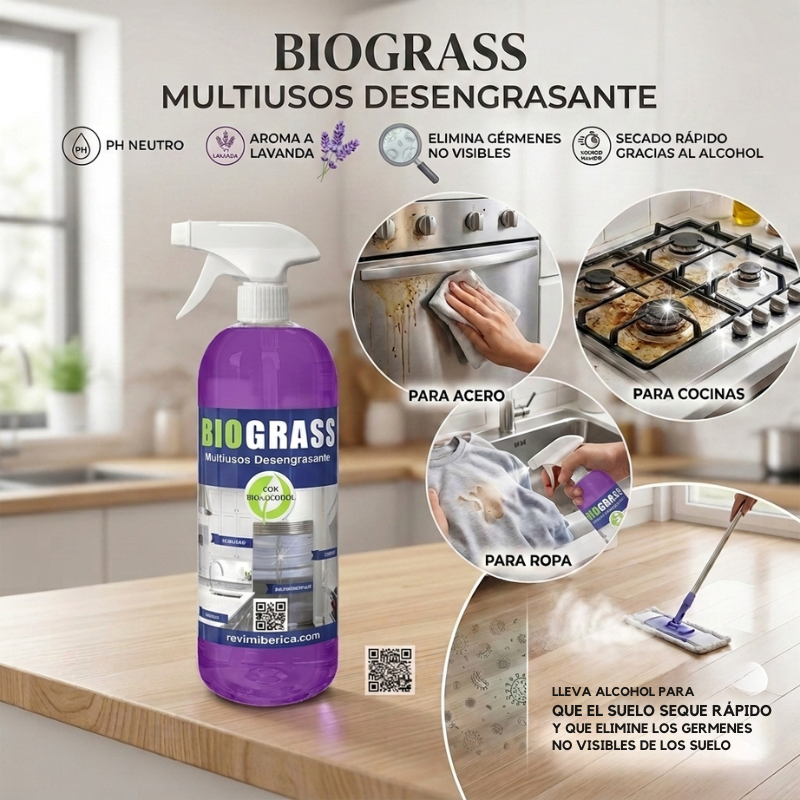 BIOGRASS desengrasante multiusos con bioalcohol AMPER para la limpieza de cocinas, acero inoxidable, paredes, suelos y superficies lavables con secado ultrarrápido y sin dejar residuos.