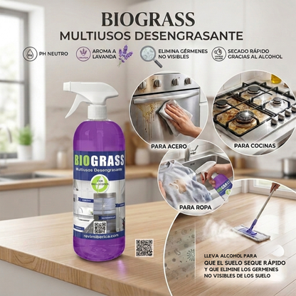 BIOGRASS desengrasante multiusos con bioalcohol AMPER para la limpieza de cocinas, acero inoxidable, paredes, suelos y superficies lavables con secado ultrarrápido y sin dejar residuos.