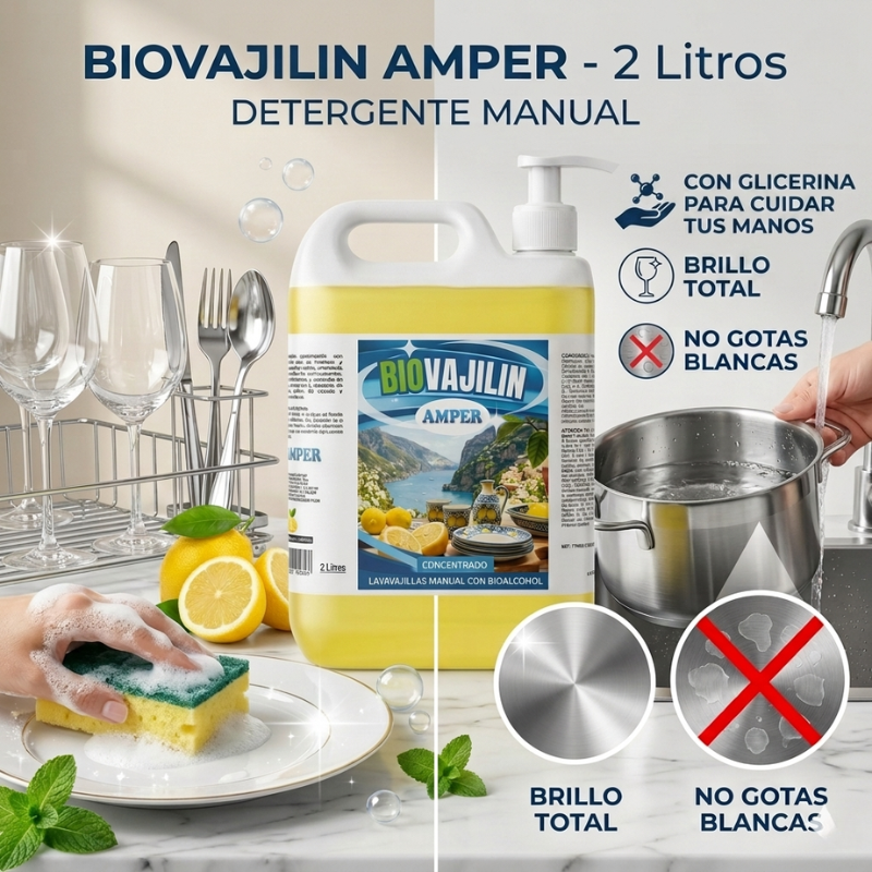 BIOVAJILIN AMPER lavavajillas concentrado con bioalcohol para vajillas, cristalería y utensilios de cocina con gran poder desengrasante y secado rápido.