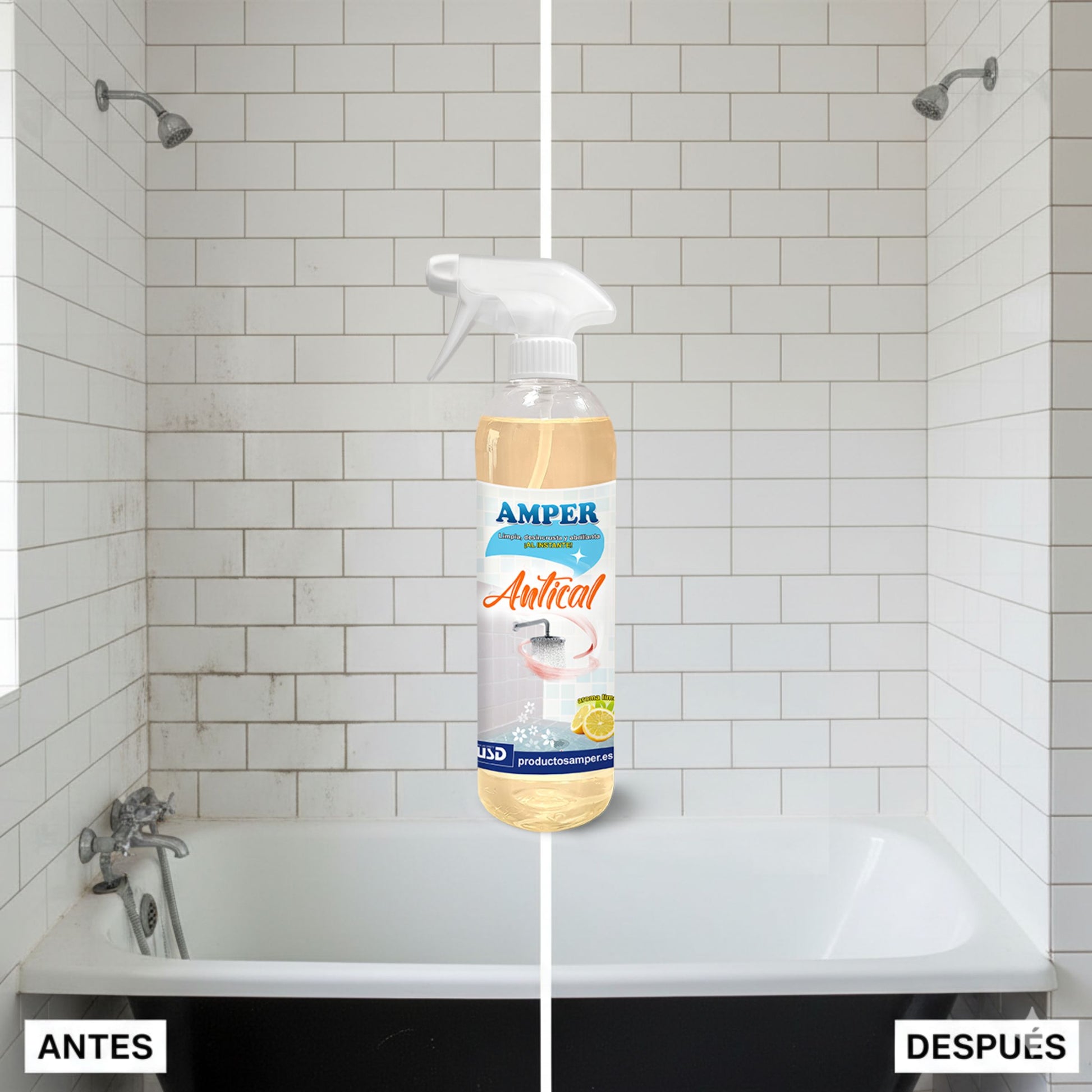 Bañera de baño antes y después de eliminar restos de cal con antical AMPER