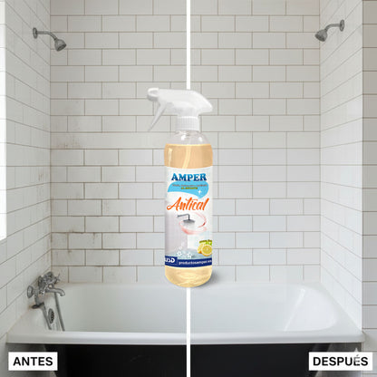 Bañera de baño antes y después de eliminar restos de cal con antical AMPER