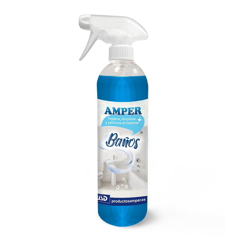 Limpiador de baños AMPER 500 ml. Elimina restos de jabón, cal y suciedad dejando sanitarios, lavabos y azulejos brillantes y perfumados.
