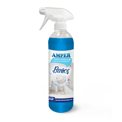 Limpiador de baños AMPER 500 ml. Elimina restos de jabón, cal y suciedad dejando sanitarios, lavabos y azulejos brillantes y perfumados.