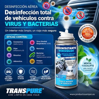 Desinfectante para vehículos Transpure 100 ml | Aerosol de Descarga Total
