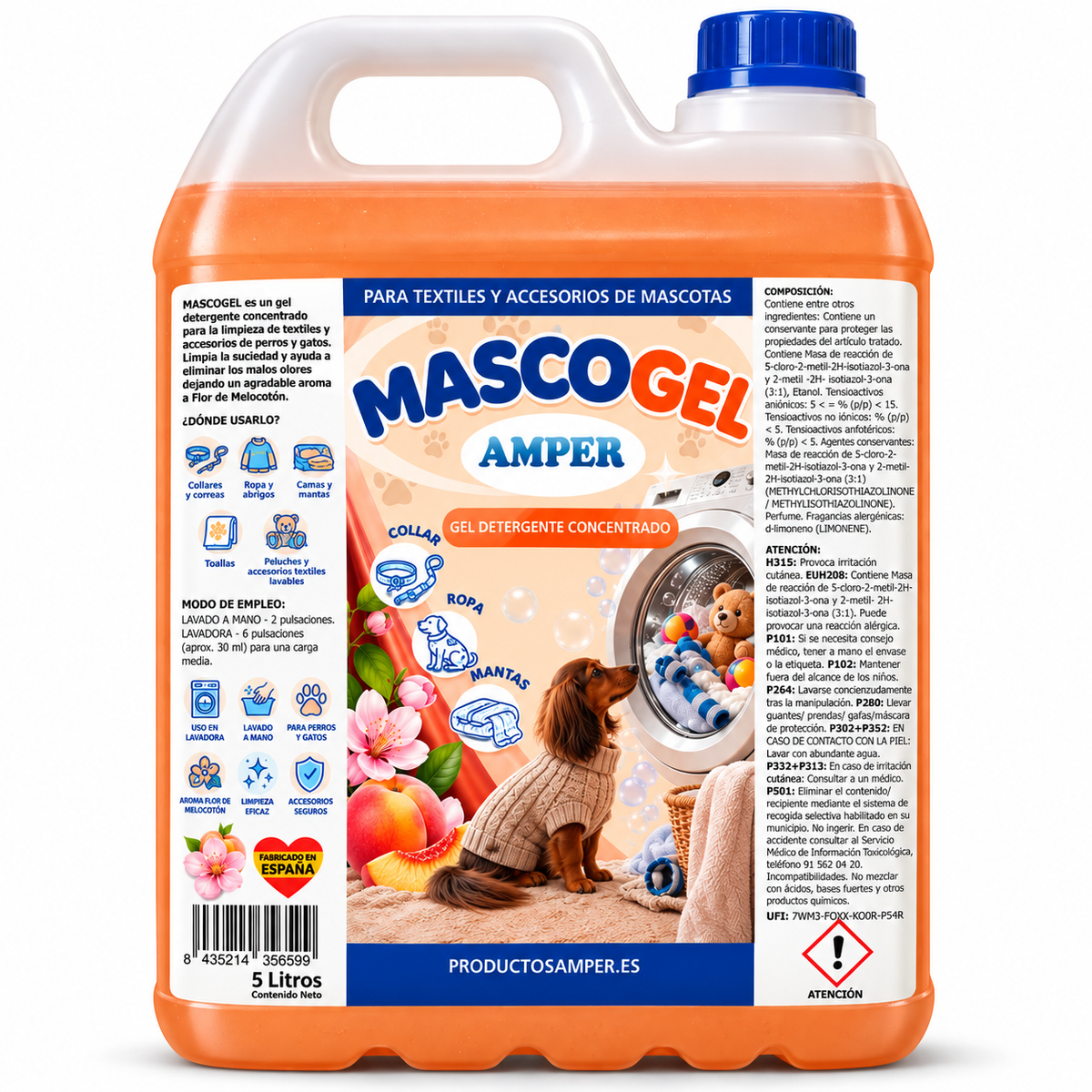 Detergente en Gel especial para Textiles y Accesorios en contacto con Mascotas | MASCOGEL | Limpia ropa, camas, mantas, collares, correas y accesorios textiles de perros y gatos, dejando un agradable aroma a Flor de Melocotón.