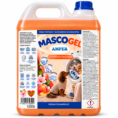 Detergente en Gel especial para Textiles y Accesorios en contacto con Mascotas | MASCOGEL | Limpia ropa, camas, mantas, collares, correas y accesorios textiles de perros y gatos, dejando un agradable aroma a Flor de Melocotón.