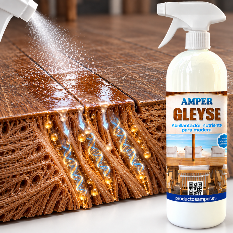 Macroimagen de GLEYSE aplicado sobre madera desgastada mostrando el producto penetrando en las fibras mientras ayuda a nutrir y devolver el brillo a la superficie.