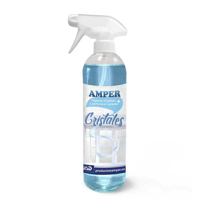 Limpiacristales AMPER 500 ml. Fórmula de secado rápido que limpia y desengrasa vidrios, espejos y superficies acristaladas sin dejar huellas.