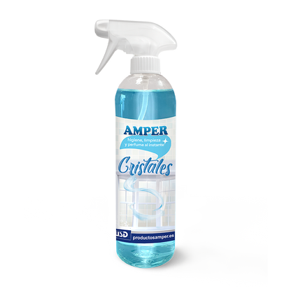 Limpiacristales AMPER 500 ml. Fórmula de secado rápido que limpia y desengrasa vidrios, espejos y superficies acristaladas sin dejar huellas.