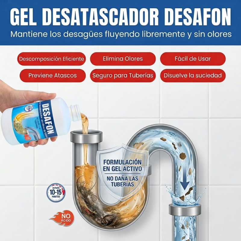 DESAFON Gel desatascador de tuberías – Eliminador rápido de atascos para cocina y baño - Desatasca fregaderos y tuberías sin dañarlas– Gel potente para eliminar atascos difíciles en el hogar
