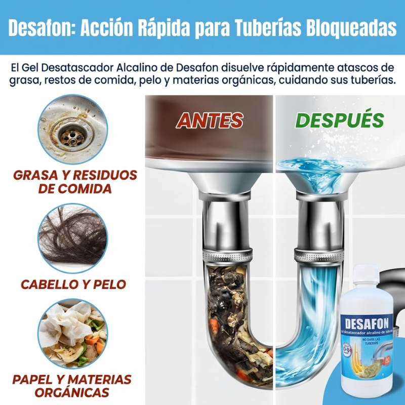 DESAFON Gel desatascador de tuberías – Eliminador rápido de atascos para cocina y baño - Desatasca fregaderos y tuberías sin dañarlas– Gel potente para eliminar atascos difíciles en el hogar