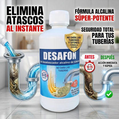 DESAFON Gel desatascador de tuberías – Eliminador rápido de atascos para cocina y baño - Desatasca fregaderos y tuberías sin dañarlas– Gel potente para eliminar atascos difíciles en el hogar