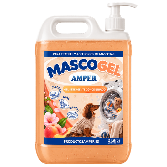 Detergente en Gel especial para Textiles y Accesorios en contacto con Mascotas | MASCOGEL | Limpia ropa, camas, mantas, collares, correas y accesorios textiles de perros y gatos, dejando un agradable aroma a Flor de Melocotón.