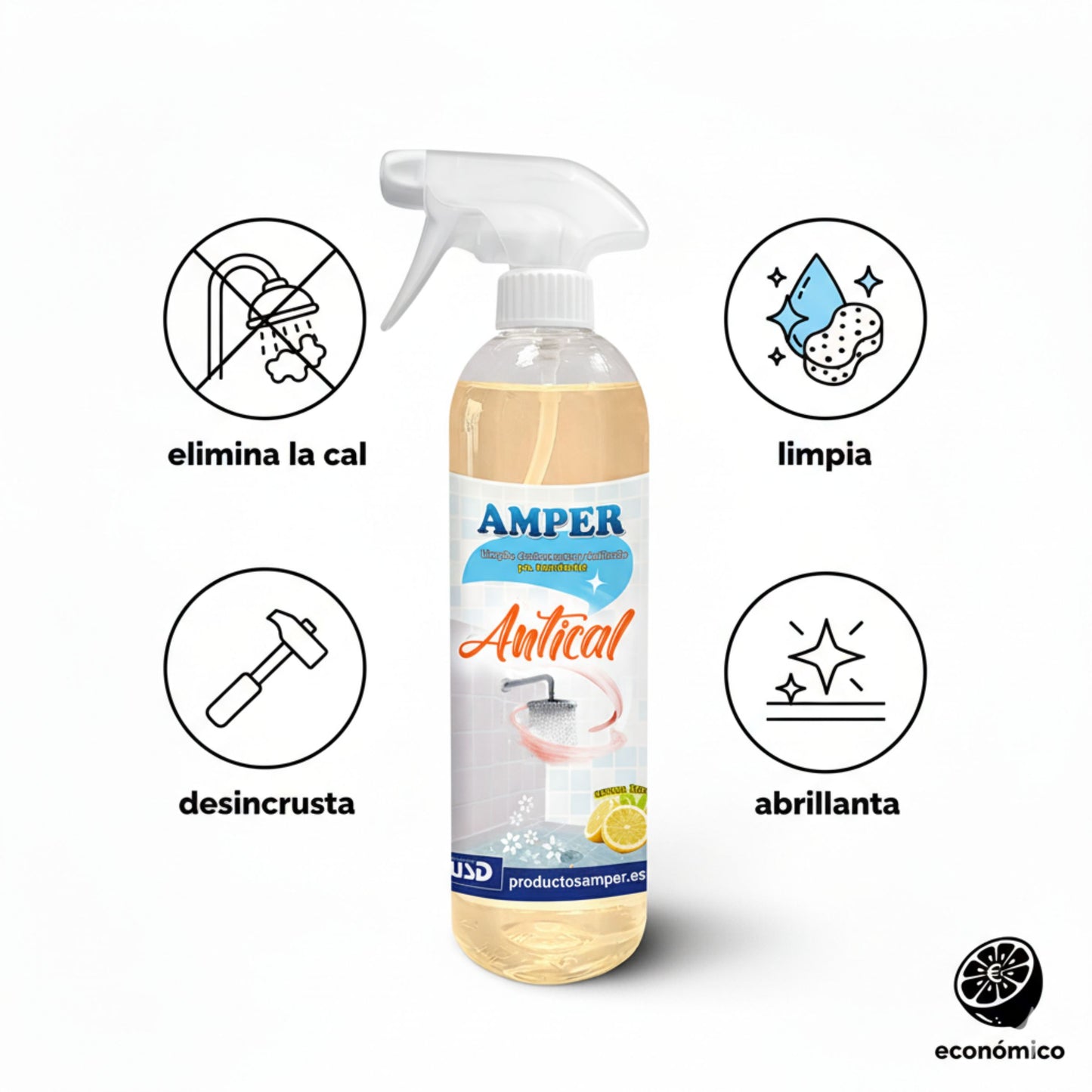 Antes y después de azulejos de baño con cal eliminada usando antical AMPER aroma limón