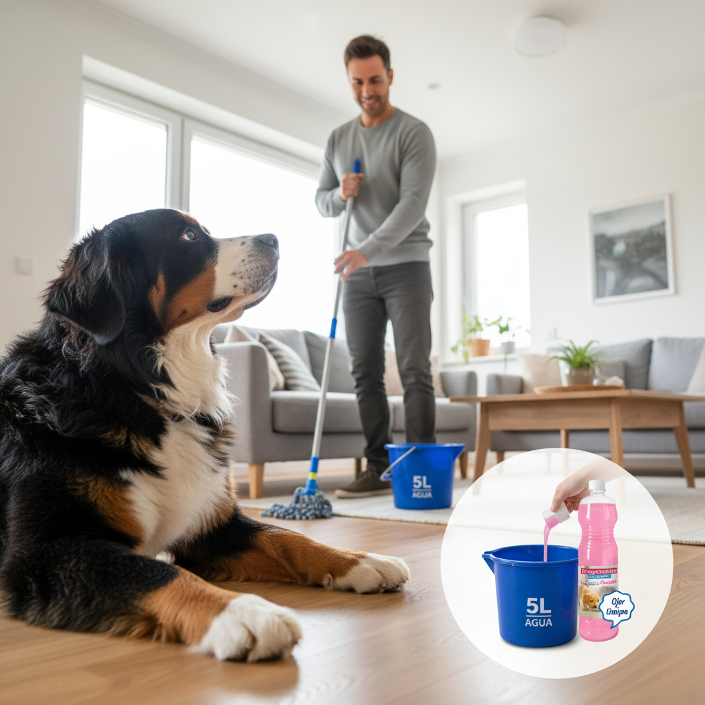 Fregasuelos concentrado AMPER Mascotas 1L, aroma floral y pH neutro. Limpieza profunda y segura para suelos donde conviven animales.