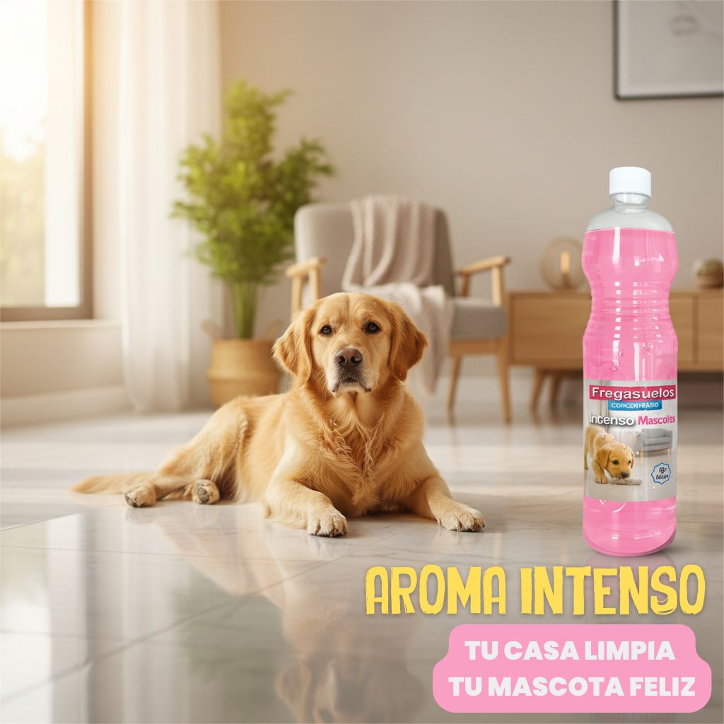 Fregasuelos concentrado AMPER Mascotas 1L, aroma floral y pH neutro. Limpieza profunda y segura para suelos donde conviven animales.