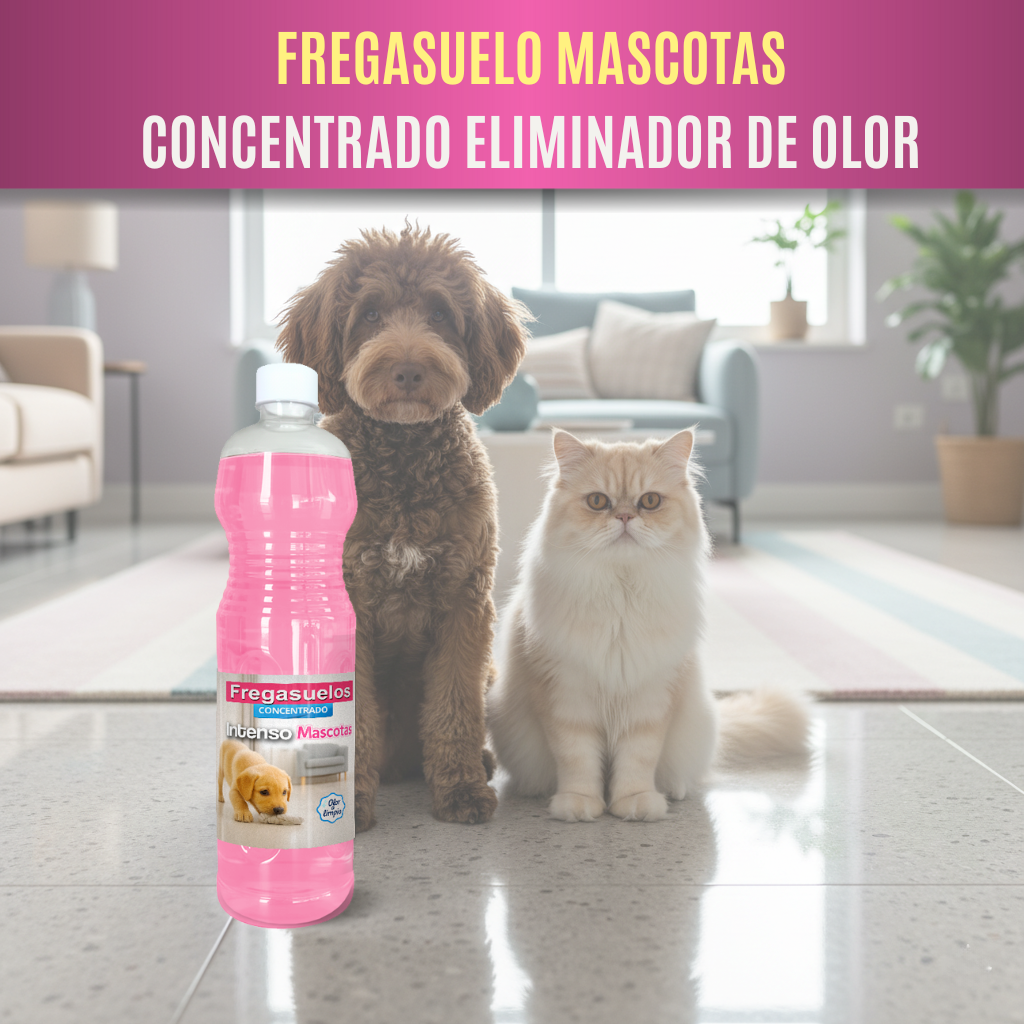 Fregasuelos concentrado AMPER Mascotas 1L, aroma floral y pH neutro. Limpieza profunda y segura para suelos donde conviven animales.