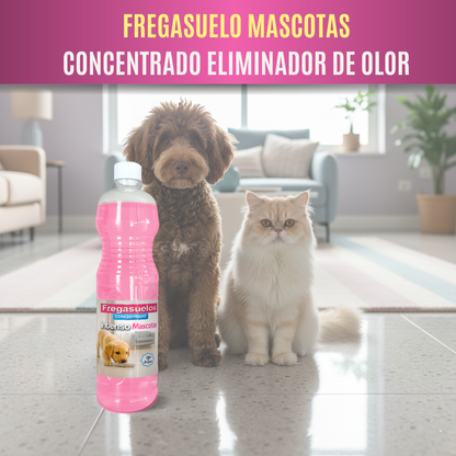Fregasuelos concentrado AMPER Mascotas 1L, aroma floral y pH neutro. Limpieza profunda y segura para suelos donde conviven animales.