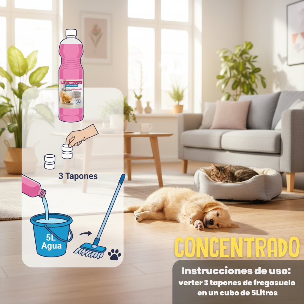 Fregasuelos concentrado AMPER Mascotas 1L, aroma floral y pH neutro. Limpieza profunda y segura para suelos donde conviven animales.