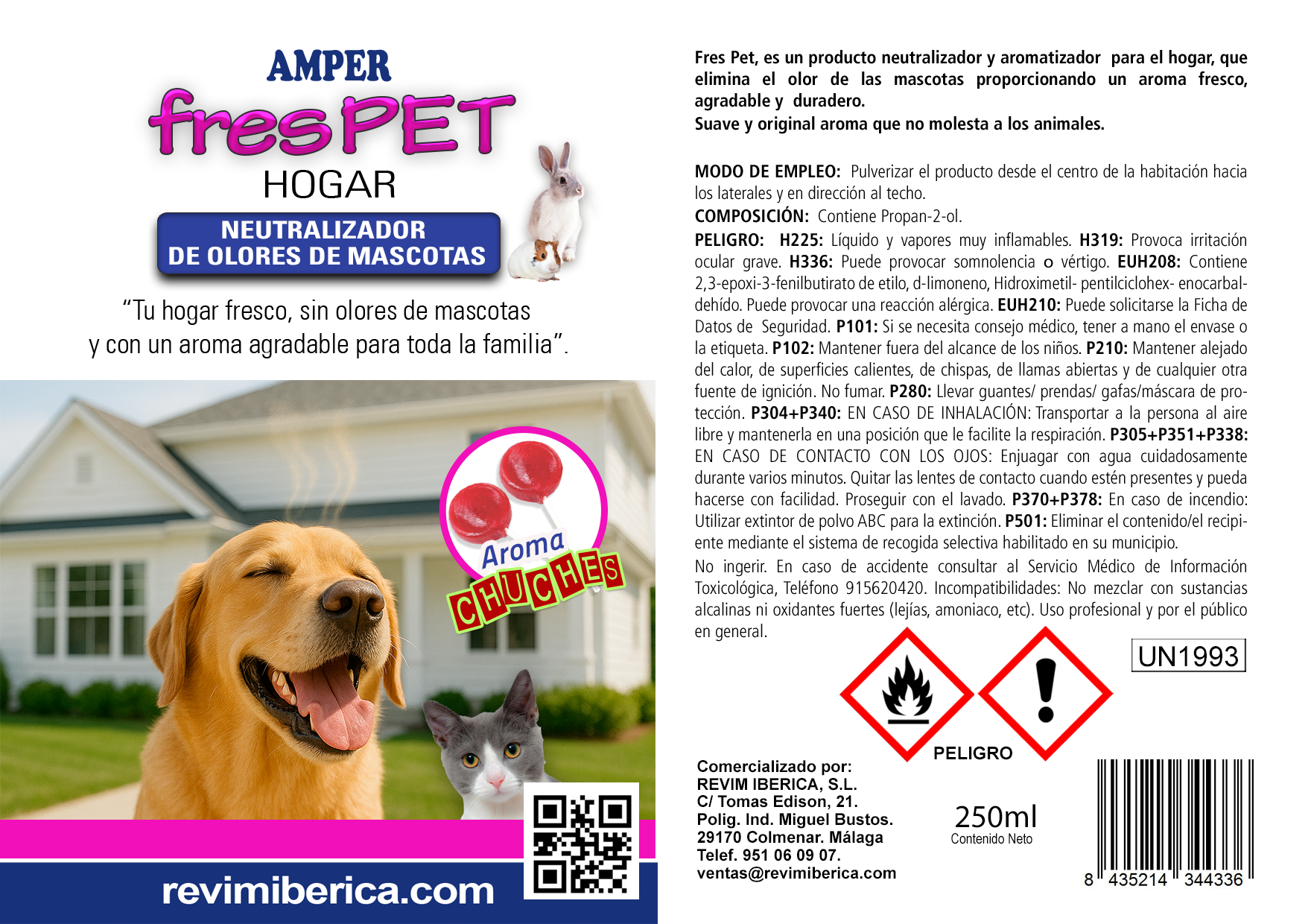 Neutralizador de olores de mascotas FresPET Hogar en spray para perros, gatos, conejos y hámsters