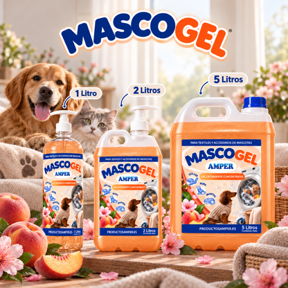 MASCOGEL está disponible en formatos de 1, 2 y 5 litros para adaptarse a diferentes necesidades de limpieza de textiles y accesorios de perros y gatos.