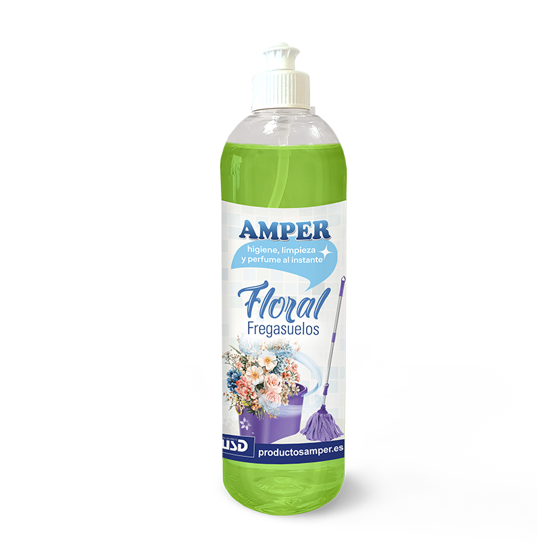 Fregasuelos AMPER Talco 500 ml. Aporta limpieza suave y perfume envolvente para ambientes familiares.