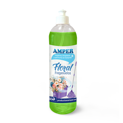 Fregasuelos AMPER Talco 500 ml. Aporta limpieza suave y perfume envolvente para ambientes familiares.