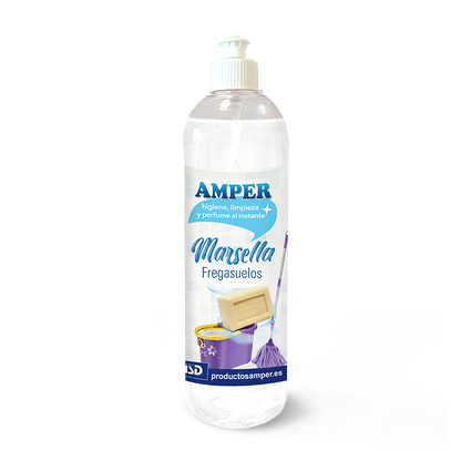 Fregasuelos AMPER Marsella 500 ml. Inspirado en el jabón natural, limpia y deja sensación de hogar cuidado.
