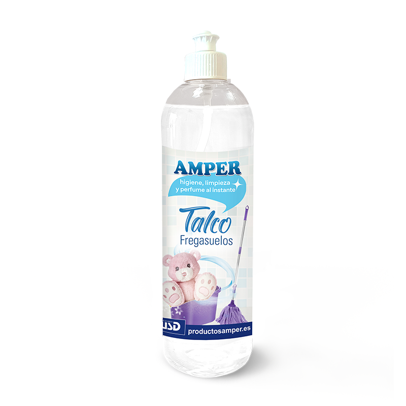 Fregasuelos AMPER Talco 500 ml. Aporta limpieza suave y perfume envolvente para ambientes familiares.