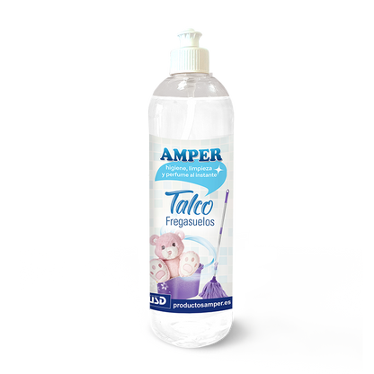 Fregasuelos AMPER Talco 500 ml. Aporta limpieza suave y perfume envolvente para ambientes familiares.