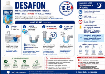 DESAFON Gel desatascador de tuberías – Eliminador rápido de atascos para cocina y baño - Desatasca fregaderos y tuberías sin dañarlas– Gel potente para eliminar atascos difíciles en el hogar