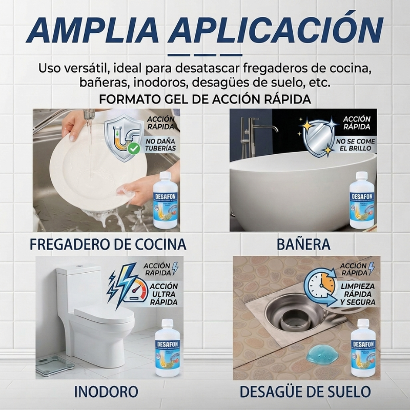 DESAFON Gel desatascador de tuberías – Eliminador rápido de atascos para cocina y baño - Desatasca fregaderos y tuberías sin dañarlas– Gel potente para eliminar atascos difíciles en el hogar