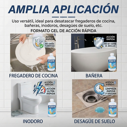 DESAFON Gel desatascador de tuberías – Eliminador rápido de atascos para cocina y baño - Desatasca fregaderos y tuberías sin dañarlas– Gel potente para eliminar atascos difíciles en el hogar