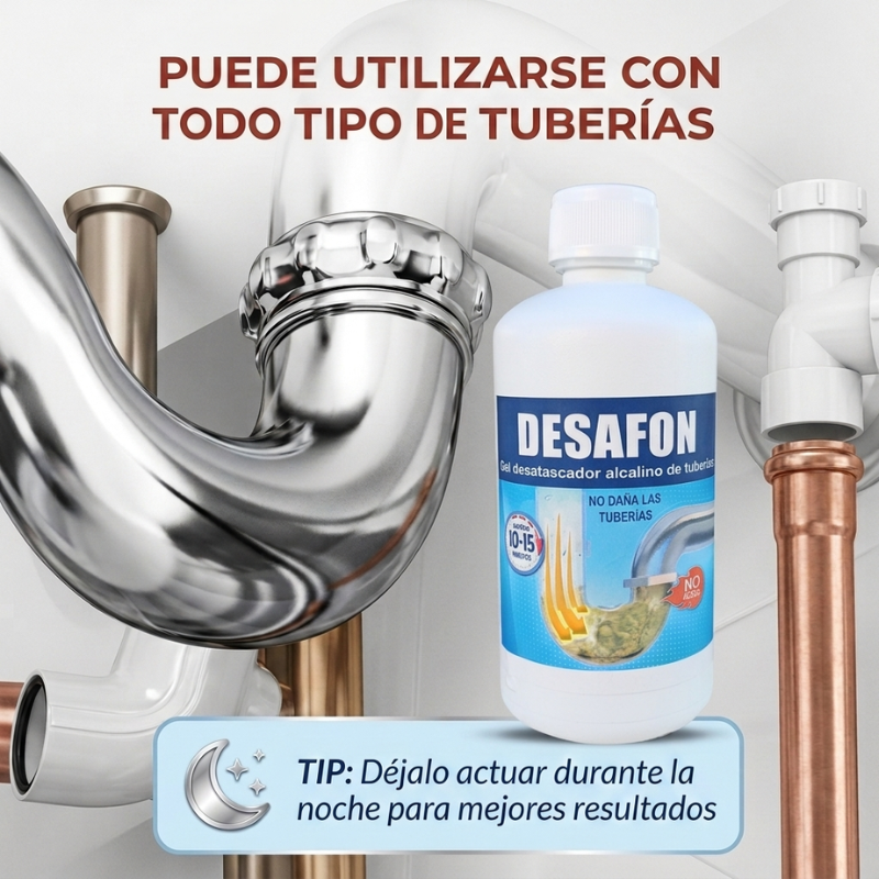 DESAFON Gel desatascador de tuberías – Eliminador rápido de atascos para cocina y baño - Desatasca fregaderos y tuberías sin dañarlas– Gel potente para eliminar atascos difíciles en el hogar