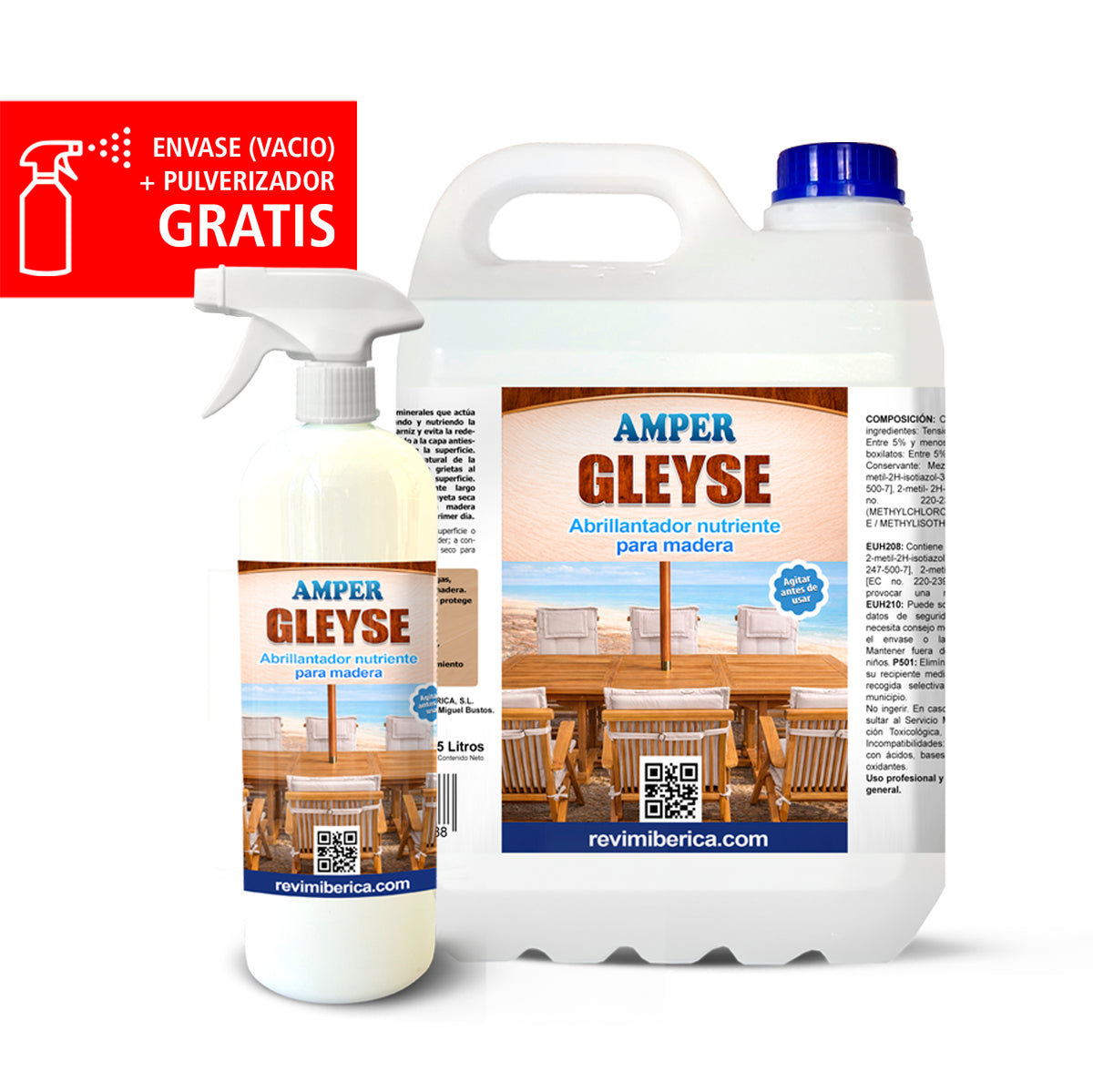 Garrafa de 5 litros de GLEYSE AMPER, abrillantador nutritivo para el mantenimiento, protección y brillo de parquet, suelos, muebles y superficies de madera.