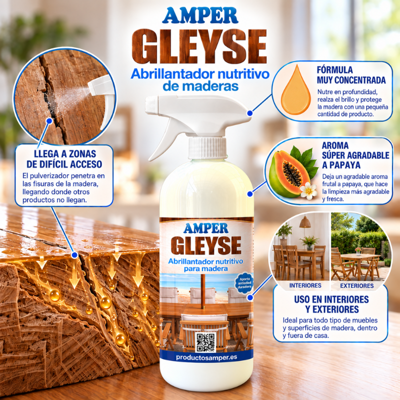 GLEYSE AMPER abrillantador nutritivo para madera con pulverizador, fórmula concentrada, aroma a papaya y uso en muebles de madera de interior y exterior.