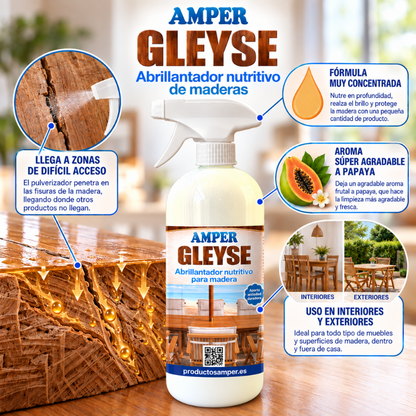 GLEYSE AMPER abrillantador nutritivo para madera con pulverizador, fórmula concentrada, aroma a papaya y uso en muebles de madera de interior y exterior.