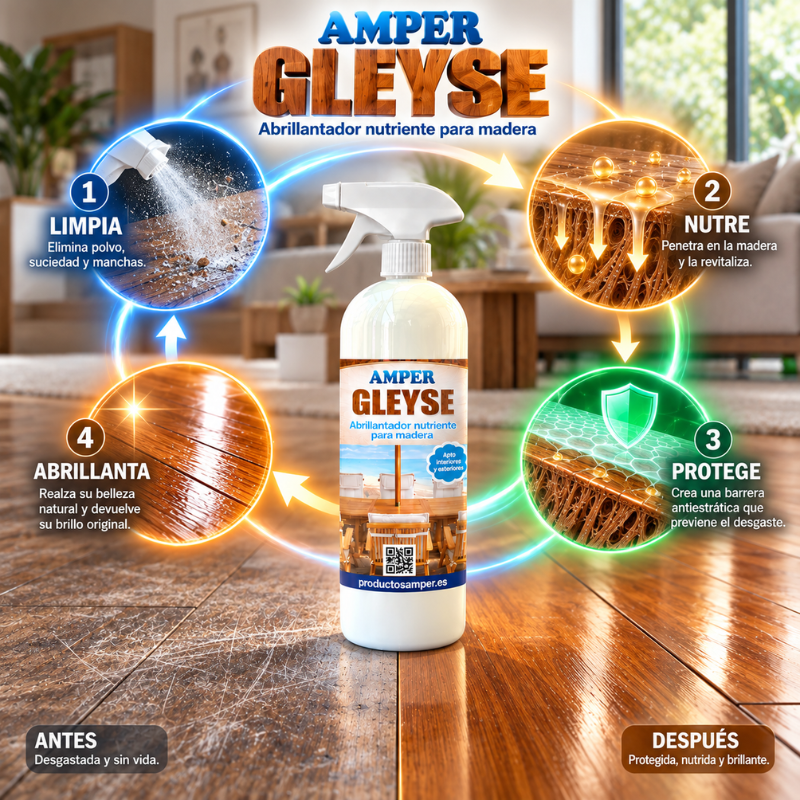 GLEYSE AMPER para el cuidado de la madera mostrando sus cuatro acciones: limpiar, nutrir, proteger y abrillantar muebles, parquet y superficies de madera.