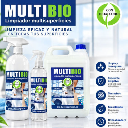 Gama MULTIBIO con pulverizadores y garrafa de limpiador multisuperficies con bioalcohol