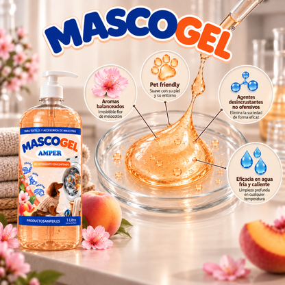 Fórmula concentrada en gel con aroma Flor de Melocotón, diseñada para la limpieza de textiles y accesorios de mascotas y eficaz tanto en agua fría como caliente.