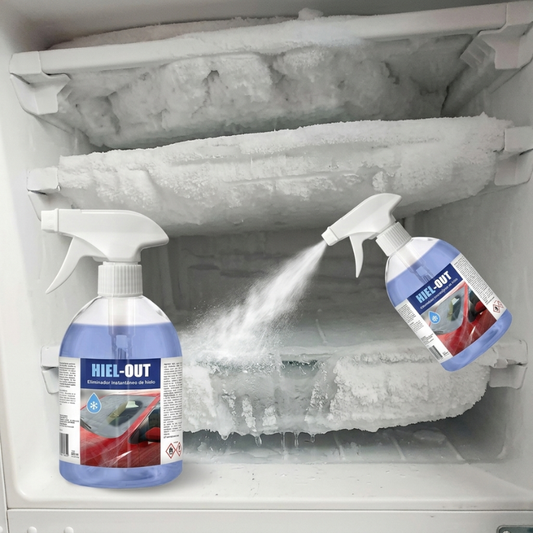 HIEL-OUT. Líquido descongelante para la eliminación de hielo, escarcha y condensaciones de agua de parabrisas de coches.