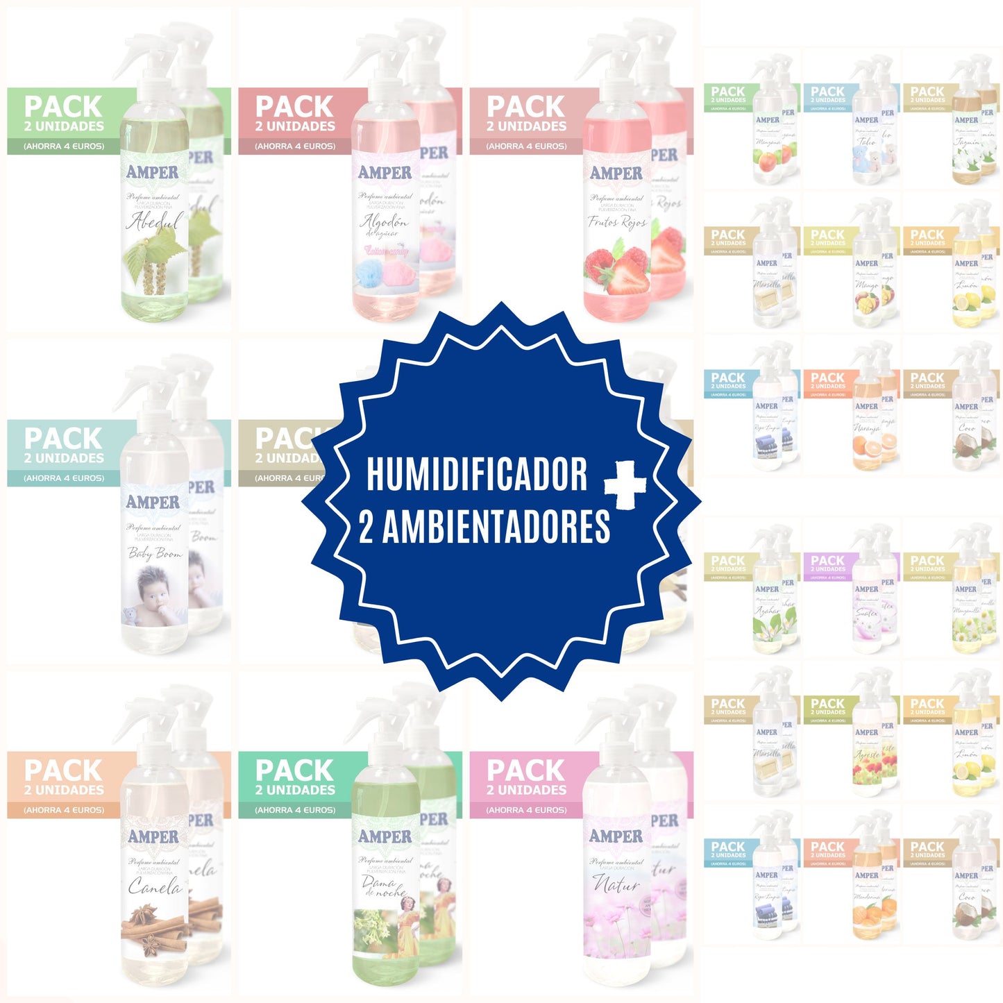 Humidificador con Pack de 2 Recambios de Ambientador – 250 ml cada uno