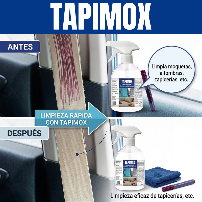 TAPIMOX - Limpia tapicerías, moquetas, alfombras para coches- Eliminador de suciedad en tejidos y techos