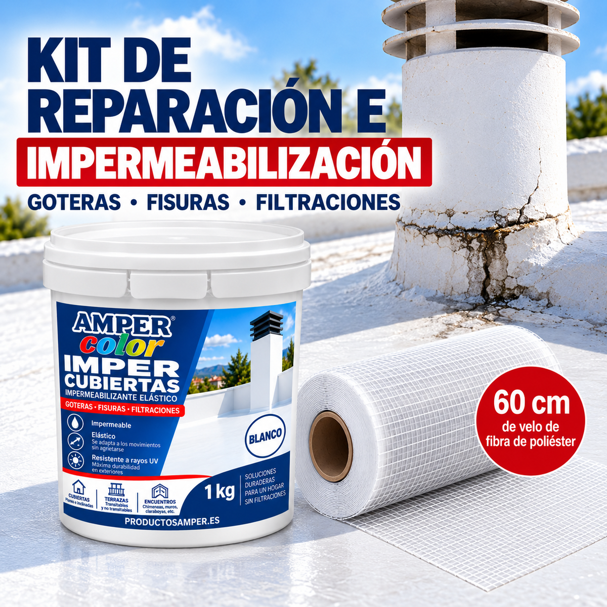 Kit profesional de impermeabilización para reparar goteras, fisuras y filtraciones en cubiertas y terrazas
