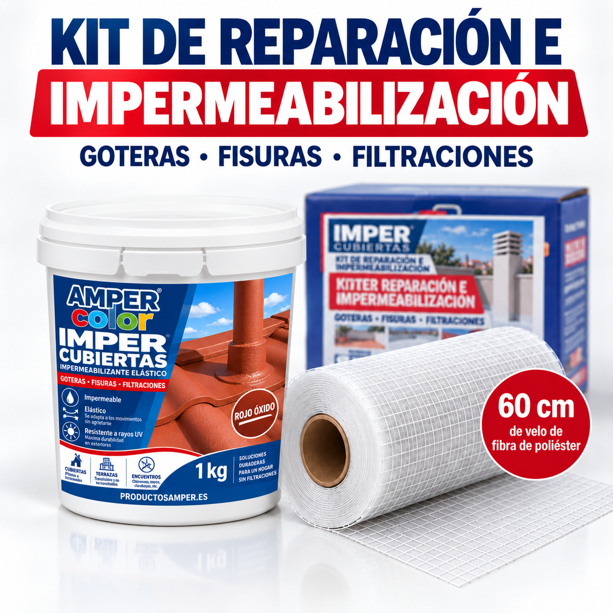 
Kit de reparación Imper Cubiertas con 1 kg de impermeabilizante y velo de fibra de poliéster para goteras y fisuras`
