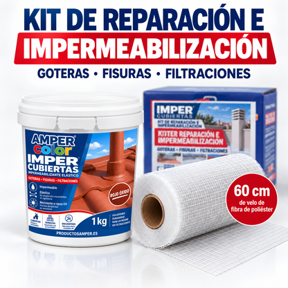 
Kit de reparación Imper Cubiertas con 1 kg de impermeabilizante y velo de fibra de poliéster para goteras y fisuras`
