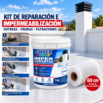 Kit profesional contra goteras y fisuras con Imper Cubiertas 1 kg y velo de fibra de poliéster
