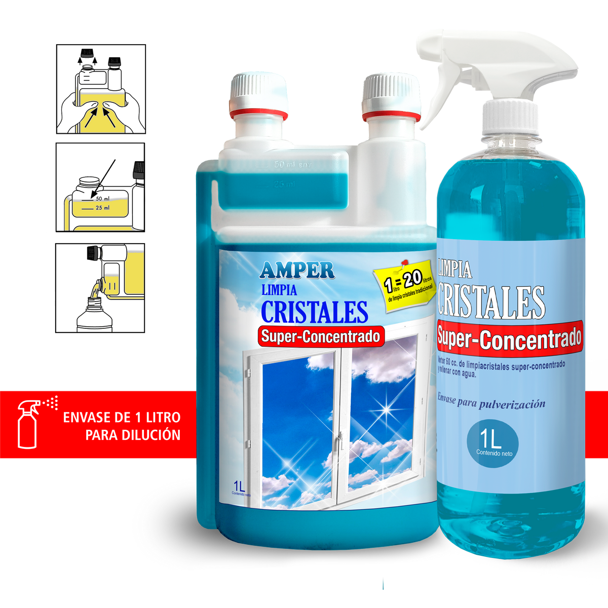 Limpiacristales Superconcentrado Profesional con Envase Dosificador para Diluciones Precisas | Limpia, Desengrasa y Abrillanta Cristales y Espejos