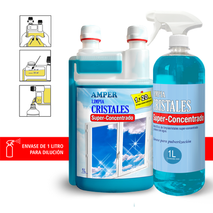 Limpiacristales Superconcentrado Profesional con Envase Dosificador para Diluciones Precisas | Limpia, Desengrasa y Abrillanta Cristales y Espejos