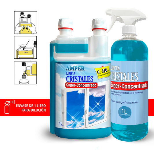 Limpiacristales Superconcentrado Profesional con Envase Dosificador para Diluciones Precisas | Limpia, Desengrasa y Abrillanta Cristales y Espejos